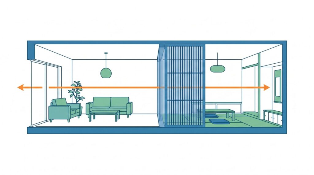 リビングとつながって見える色の流れと空間の連続性