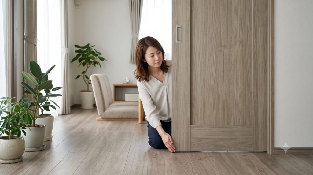 グレージュ内装で床色とリビングドアがぼやけて見える原因